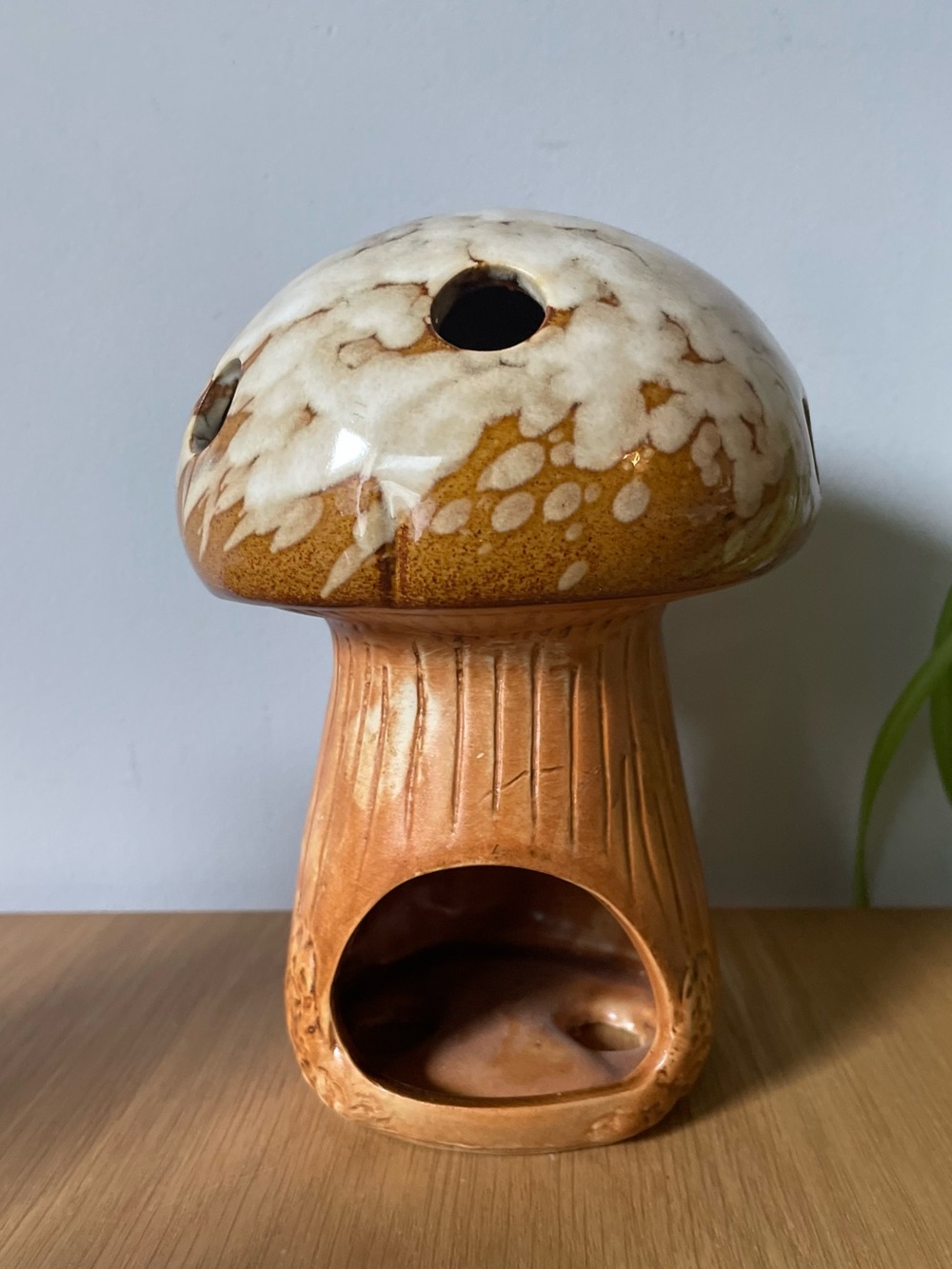 Vintage 1970s Ceramic Mushroom Candle Holder Drip Glaze Tea Light Luminary Boho